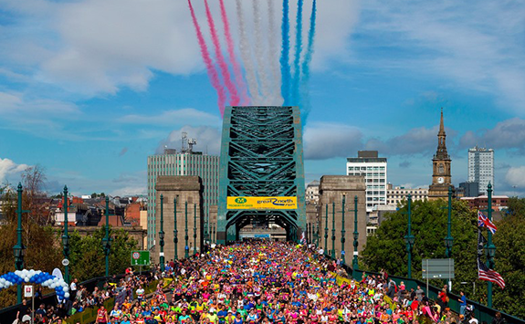 Red Arrows flying across the Tyne Bridge during the Great North Run